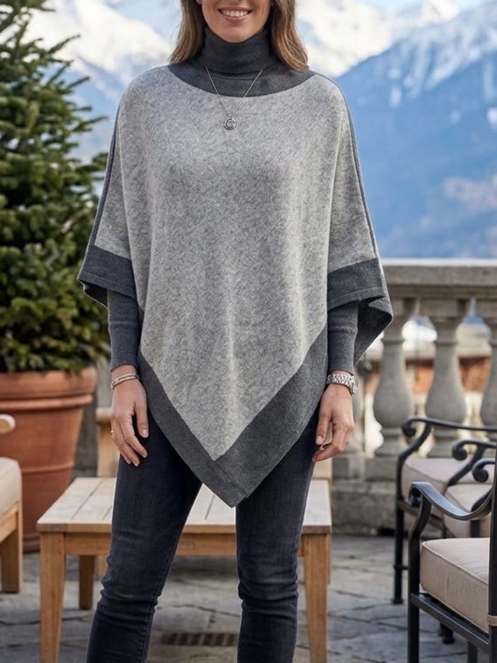 100% Cashmere Poncho Sweater Hand Made Nepal Grey Colorblock One Size Wrap Shawl